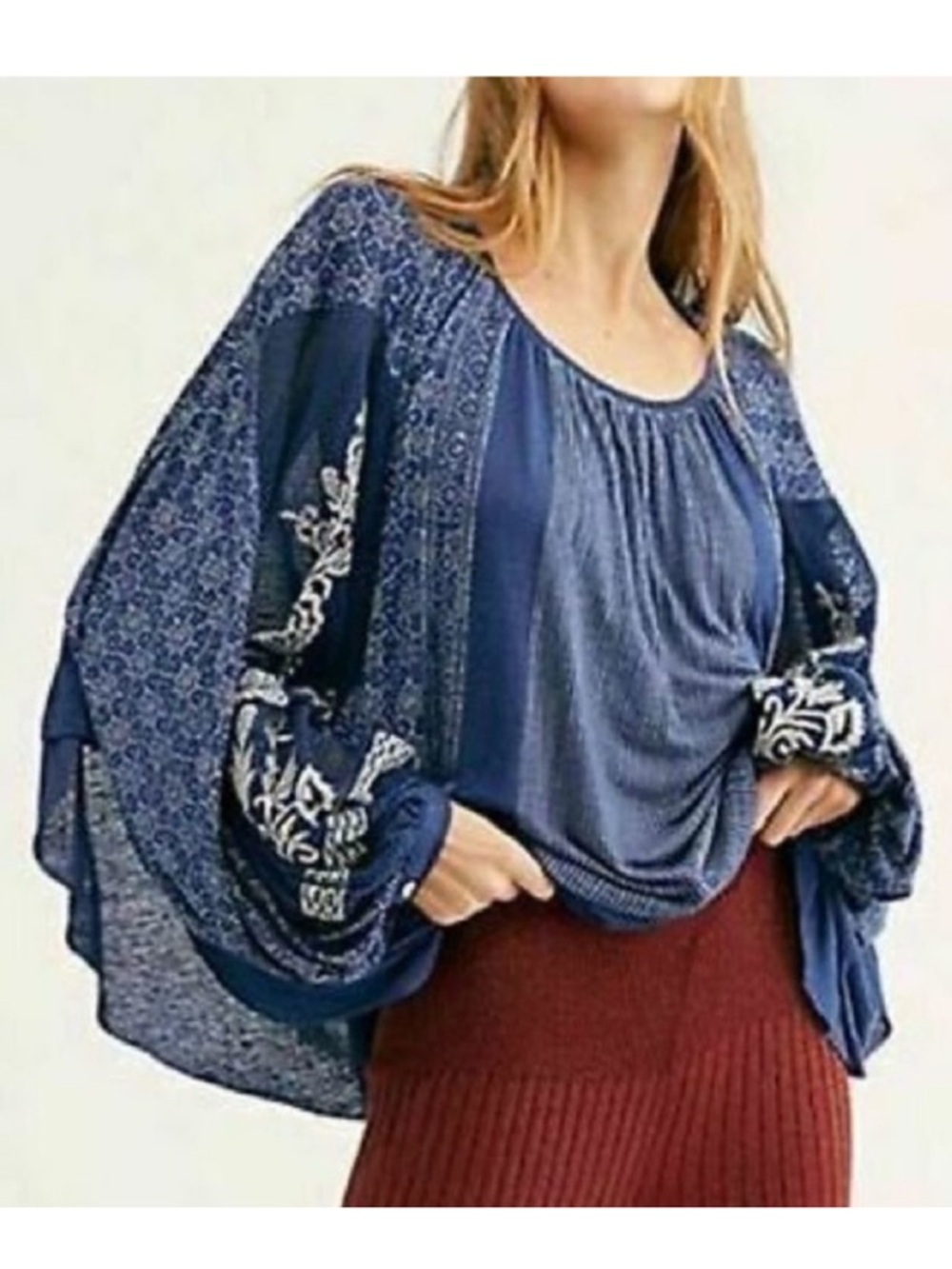 Free People Indigo Dreams Oversized Tunic Top Navy Blue Small NEW Boho Chic